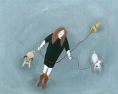 Dog Walker - illustration A4 giclee art print girl with dogs dog lovers gift wall art wall decoration