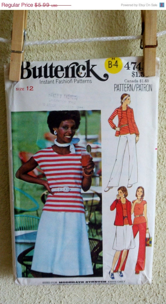 SALE 1970s Vintage Womens Sewing Pattern Belted Tunic, T-Shirt, Skirt & Flare Leg Pants Butterick 4745 12 Bust 34 "