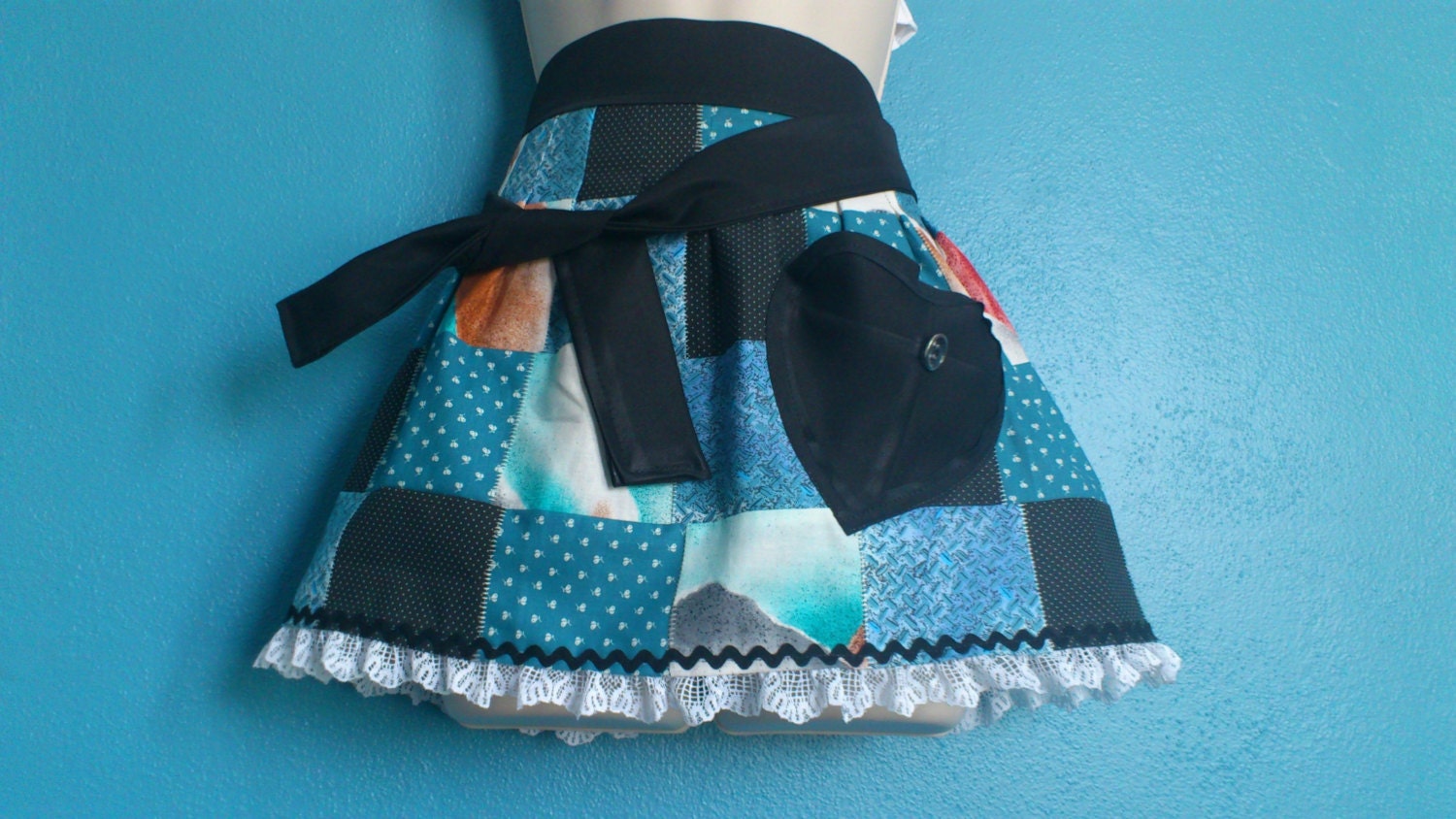 Black and Blue Patchwork Half Apron Plus Size
