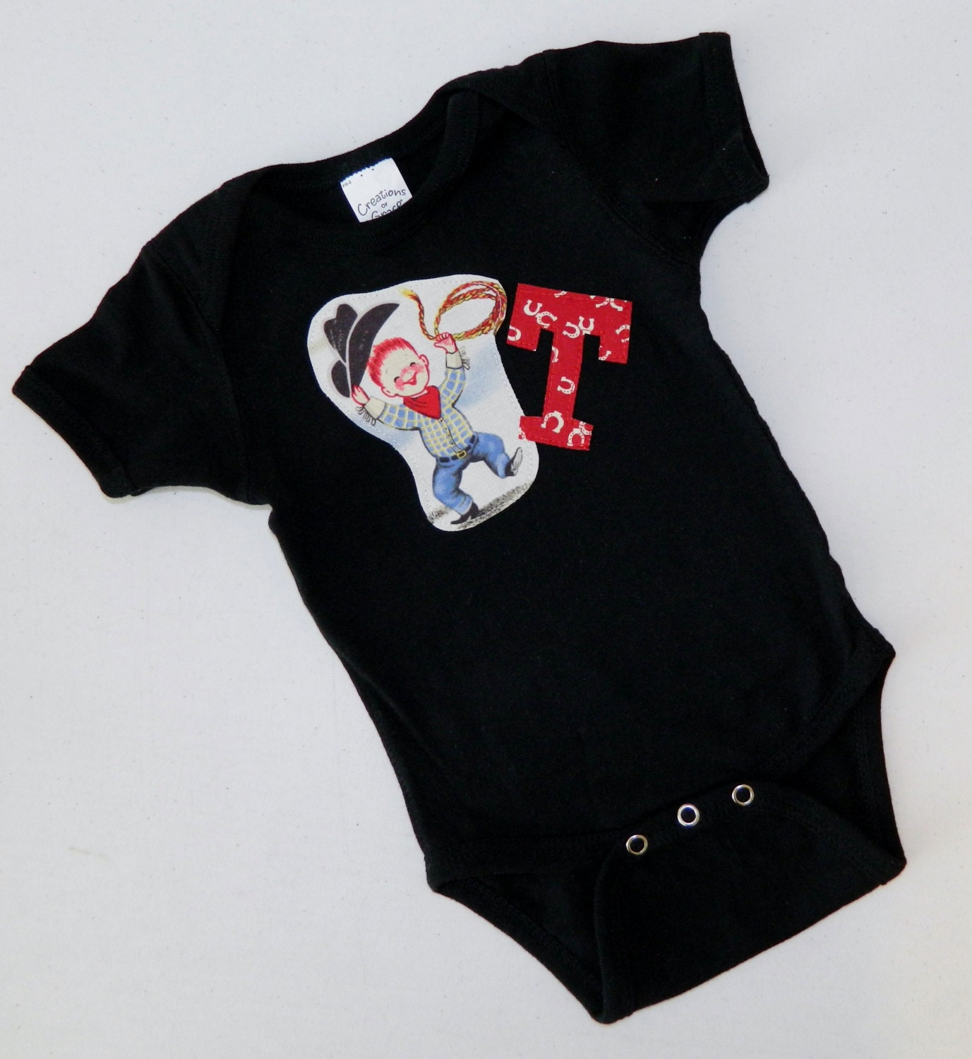 Baby, toddler boy black personalized western cowboy initial appliqued shirt onesie- new mom gift - baby shower or birthday gift