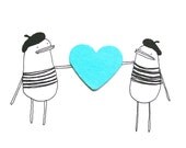Unique Greeting Card, I Love You, Blue Heart, Paris, French, Beret, Stripe, Poosac Twins, Ooh La La