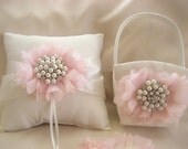 Flower Girl Basket, and Pillow, Blush and Pearls Flower Girl Basket Set, White or Ivory