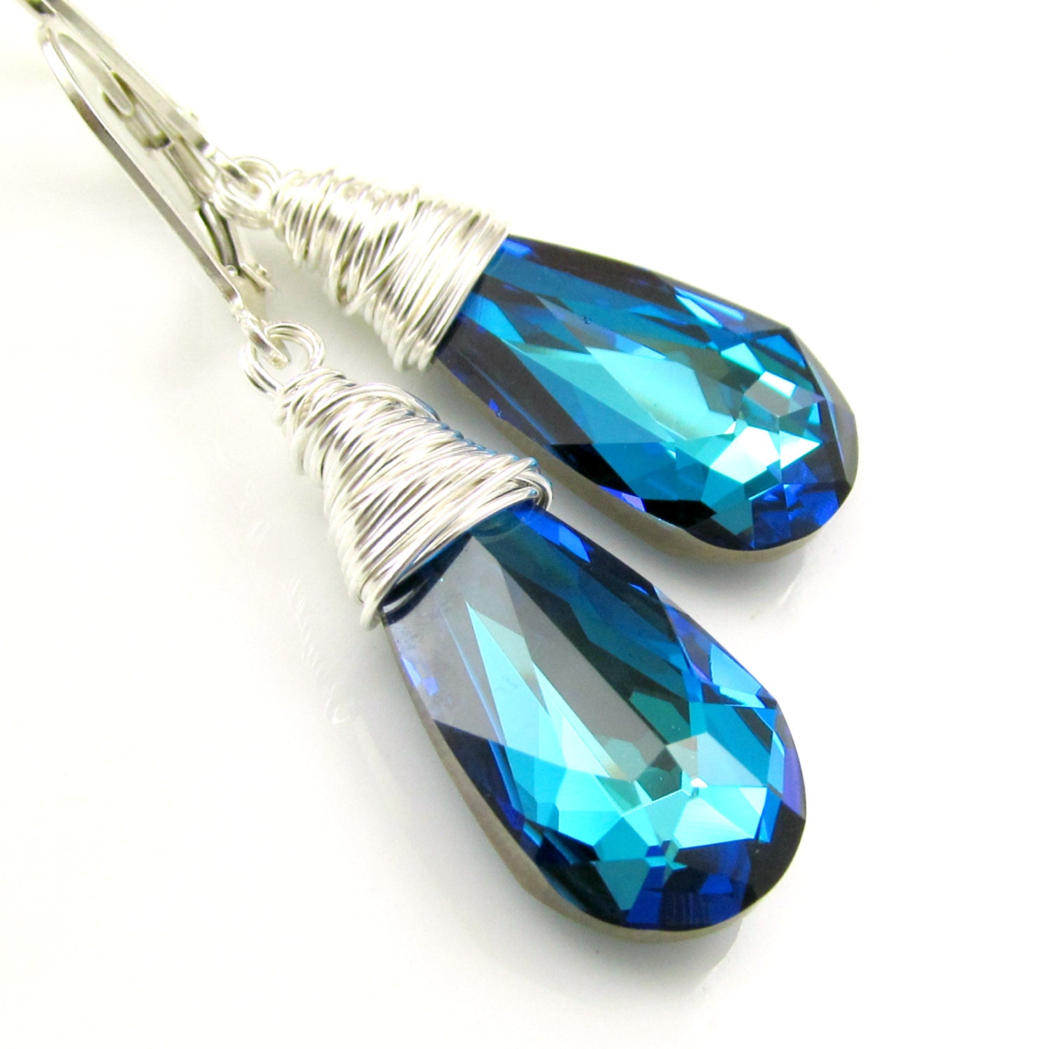 Bermuda Blue Earrings Teardrop Dangle Earrings Swarovski Crystal Wire Wrapped Peacock Jewelry Sterling Silver Something Blue Bridesmaid Gift
