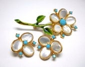 Vintage Mother of Pearl and Turquoise Flower Brooch and Earrings