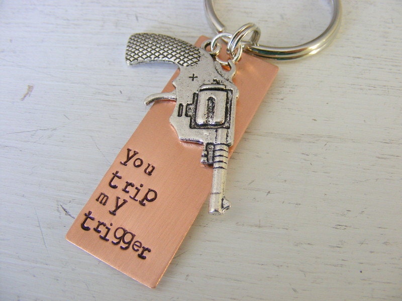 Copper Key Chain with Silver Gun Charm You Trip My Trigger