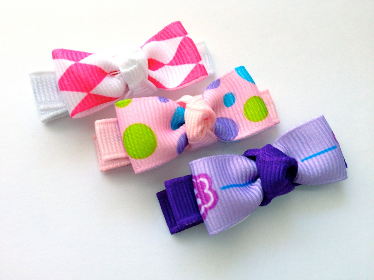 Play Date Mini Tuxedo Bow Clips -- Pink, White, Purple Clippies
