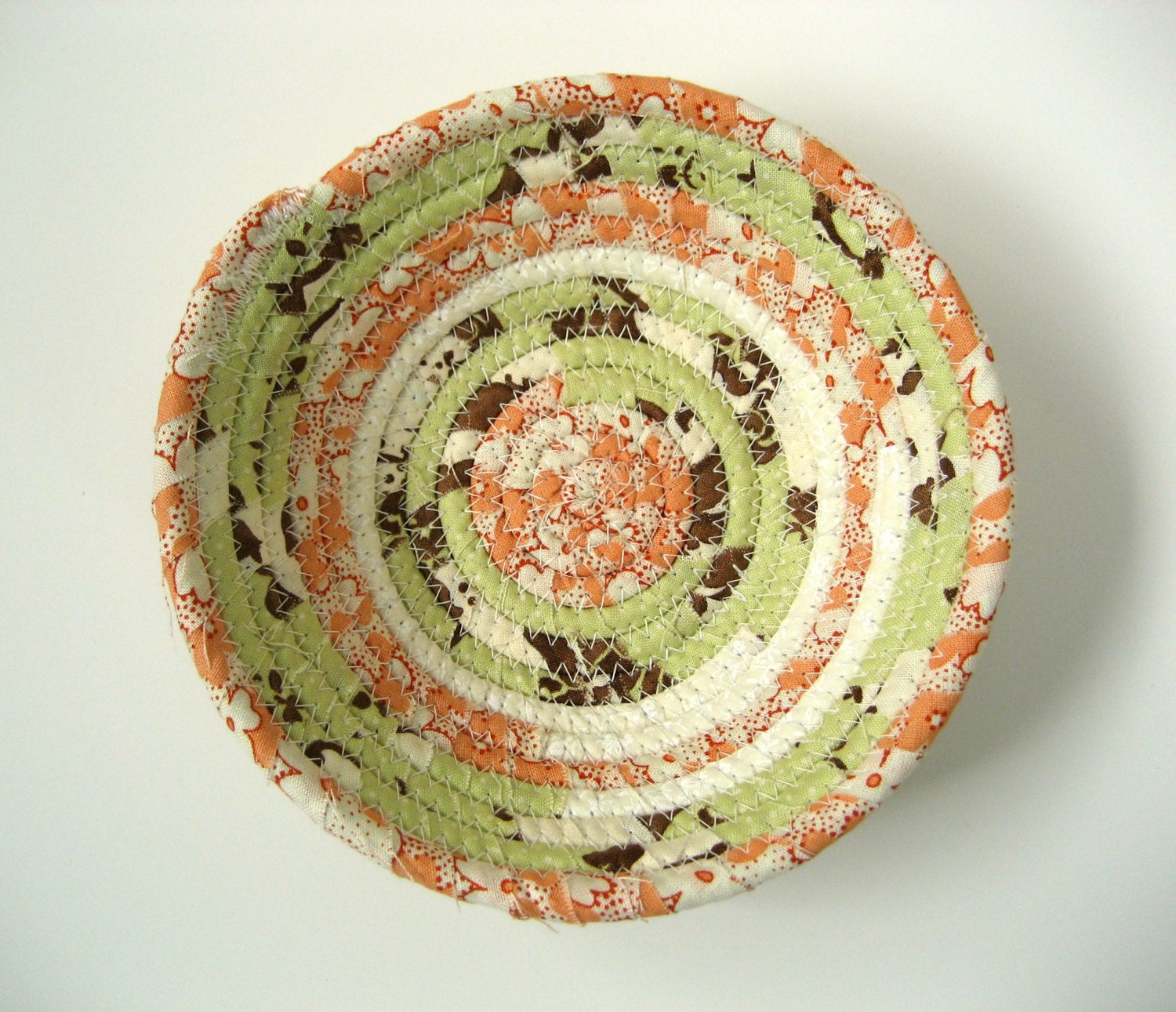 Coiled Fabric Basket Bowl Multi Purpose Handmade Cotton Mint Green Peach Brown