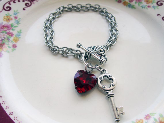 Red Heart Bracelet Skeleton Key Bracelet Swarovski Crystal Pendant Tiffany Style  - Mothers Day