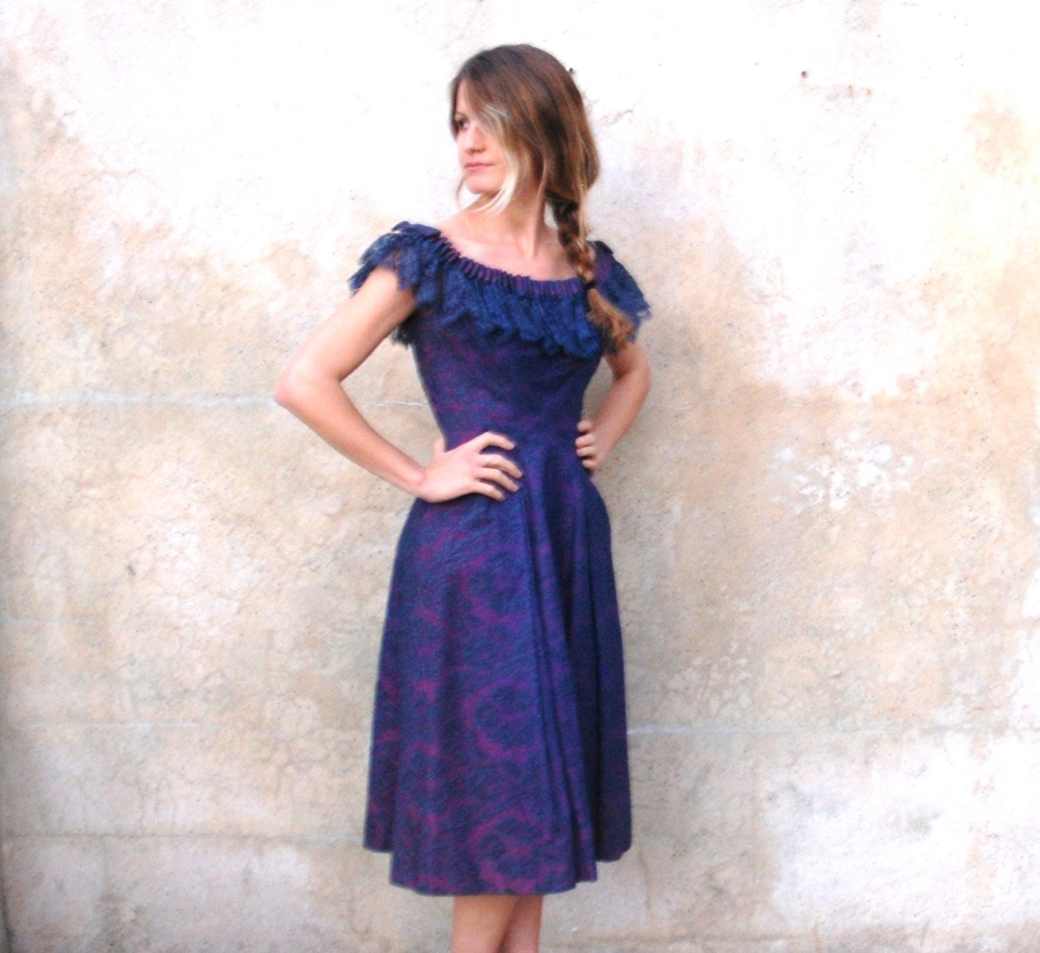 1950s blue party dress- 50s lace prom / cocktail dress- medium