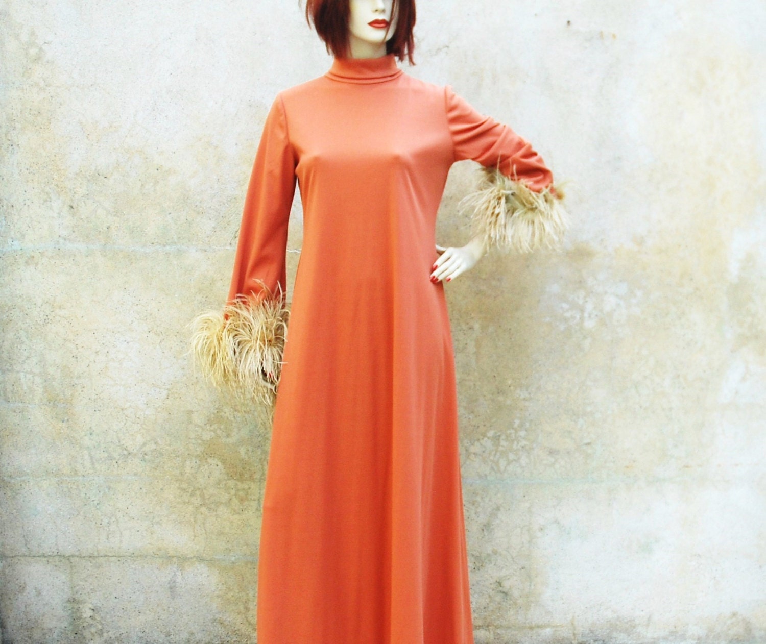 1960s MOD hostess gown with ostrich feathers- 60s burnt orange maxi jersey caftan dress-   medium