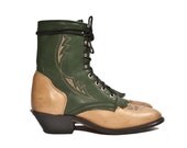 Two Tone Feather Stitch Lace Up Ankle Boots Packer Heels Green and Tan Women size 7 1/2