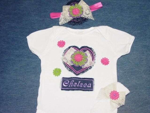 Baby Girl Personalized Onesie Denim Applique Bodysuit Custom Boutique Handmade Children Clothing  Coming Home Outfit Newborn Infant Clothes