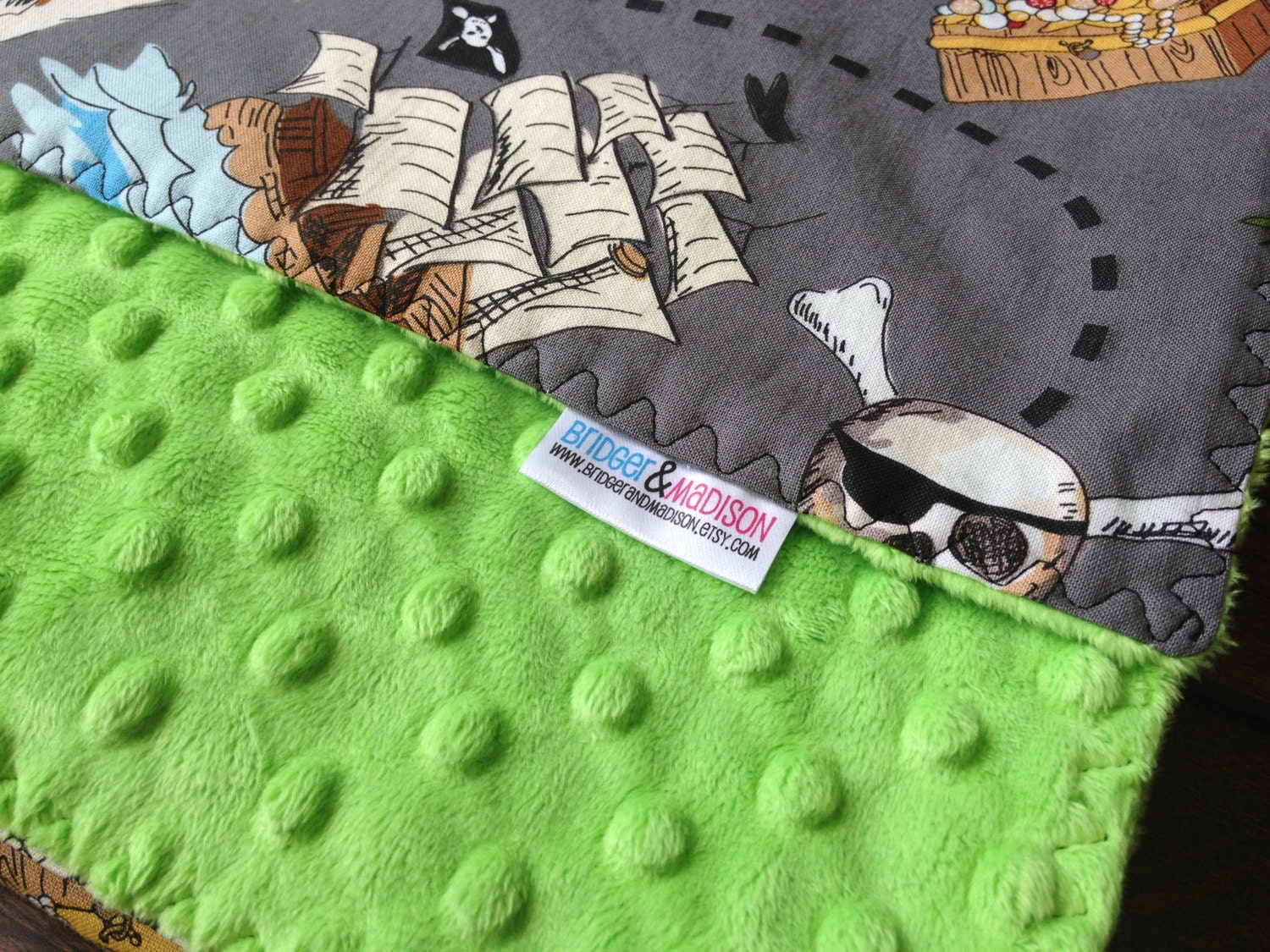 Baby Minky Blanket, It's a Pirate's Life For Me with Lime Green Minky Dot - READY TO SHIP