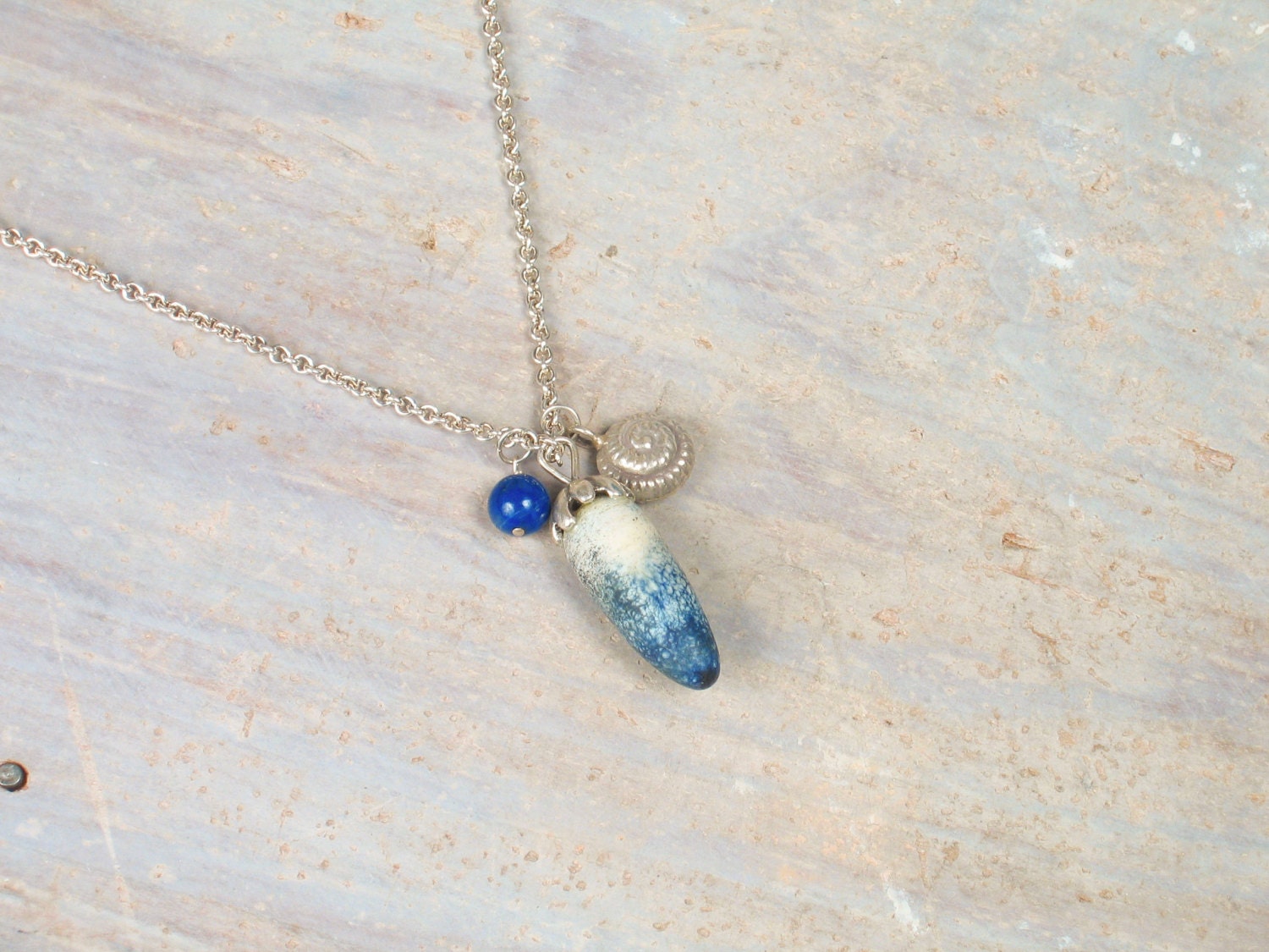 Long Necklace Silver Jewelry Blue Water Pendant Lapis Lazuli Sea Shell/ Beach Ocean Boho