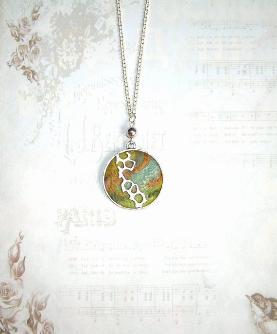 Felt Necklace Pendant green gold mint beige white silk OOAK