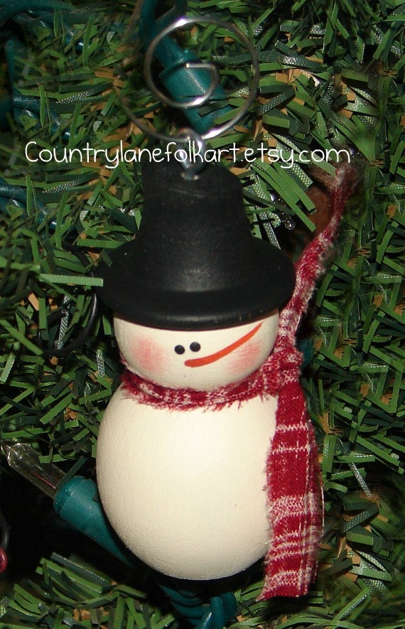 snowman ornament, Christmas, hand painted, wooden