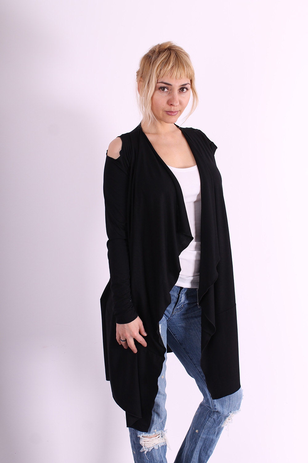 VEGA Black extravagant long vest with two holes on the shoulders