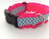 Turquoise Chevron Stripes with Double Pink Ruffle Dog Collar
