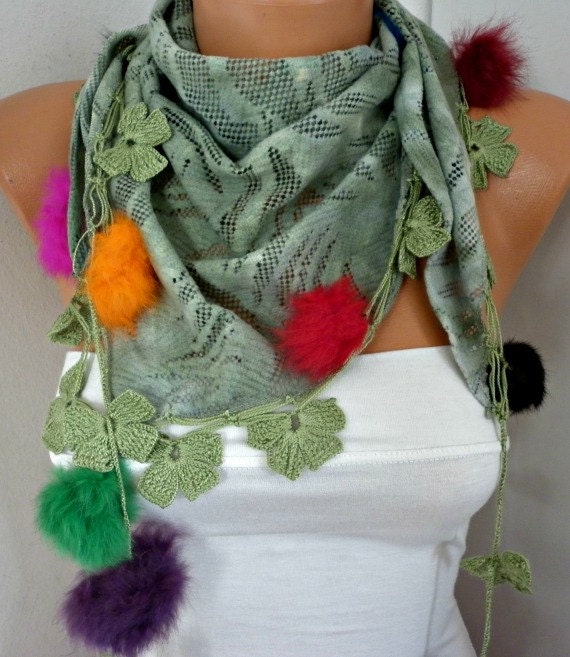 Almond Green Scarf - Women Shawl Scarf - Cowl Scarf with Lace - fatwoman