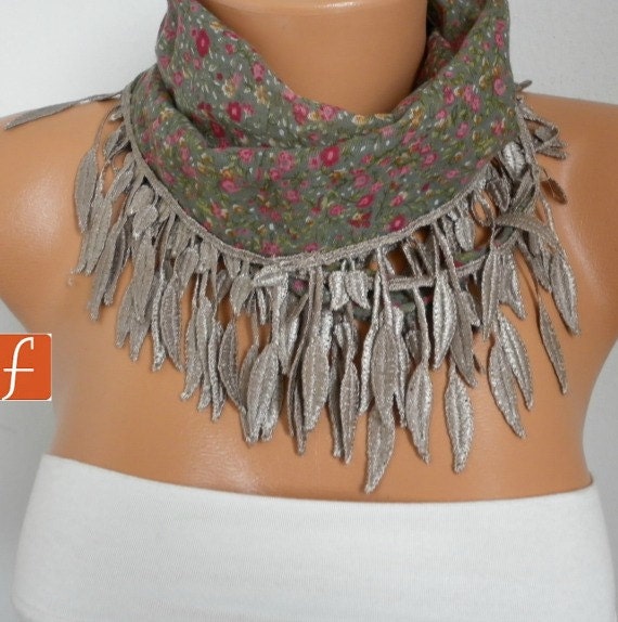 Green  Scarf  Cotton Scarf - Shawl Cowl with Lace Edge  Multicolor - fatwoman