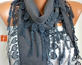Gray Scarf  - Pashmina Scarf  -Cowl with Lace Edge - LOVE - HEART