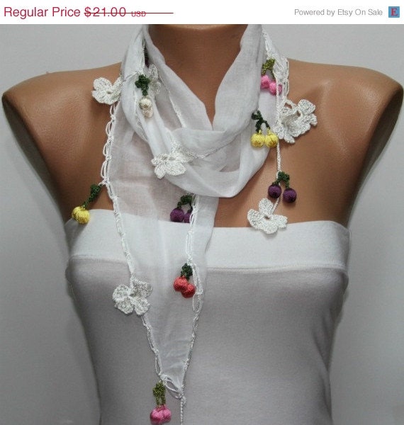 BIG SALE White  Scarf ,Cotton Scarf  Woman Cowl Scarf - fatwoman bridesmaid gift with Lace Edge - Bridal