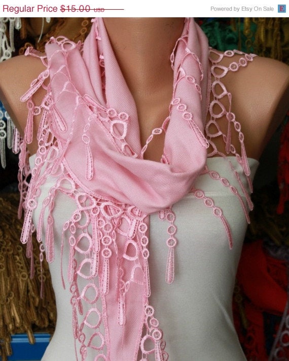 BIG SALE Pink Scarf -  Pashmina Scarf  - Cowl with Lace Edge