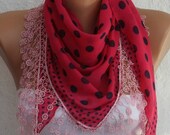 BIG SALE Polka Dot Scarf - Red Scarf -  Cotton Scarf  Cowl with  Lace Edge - Polka dot - fatwoman