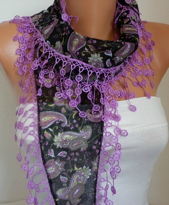 BIG SALE Paisley  Scarf Multicolor Shawl Scarf - Cotton Scarf -  Cowl Scarf Lilac Lace Edge  - fatwoman