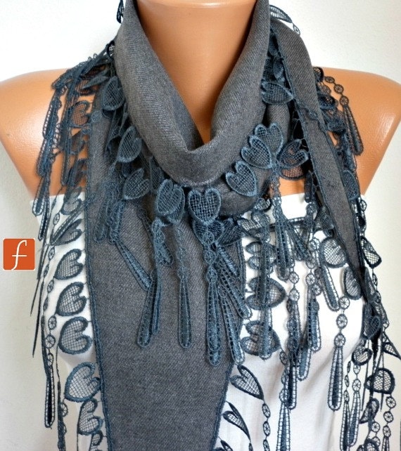 Gray Scarf - Pashmina Scarf -Cowl with Lace Edge - LOVE - HEART