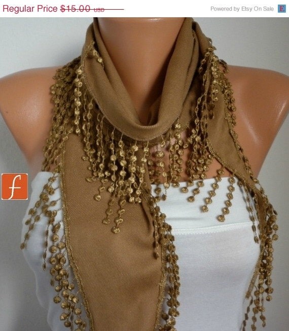 BIG SALE Dark Camel Scarf - Pashmina Scarf - Cowl Scarf - Shawl with Lace Edge