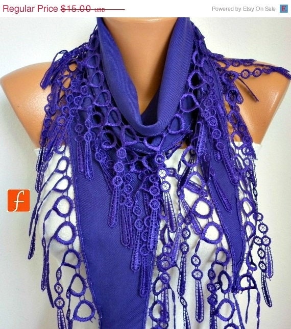 BIG SALE Purple Scarf - Pashmina Scarf - Cowl Scarf with Lace Edge - fatwoman