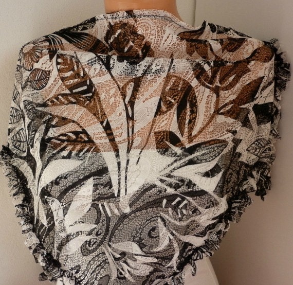 Black White Floral Scarf - Tulle Shawl Scarf - Cowl Scarf -