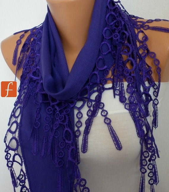 BIG SALE Purple Scarf - Pashmina Scarf - Cowl Scarf with Lace Edge - fatwoman