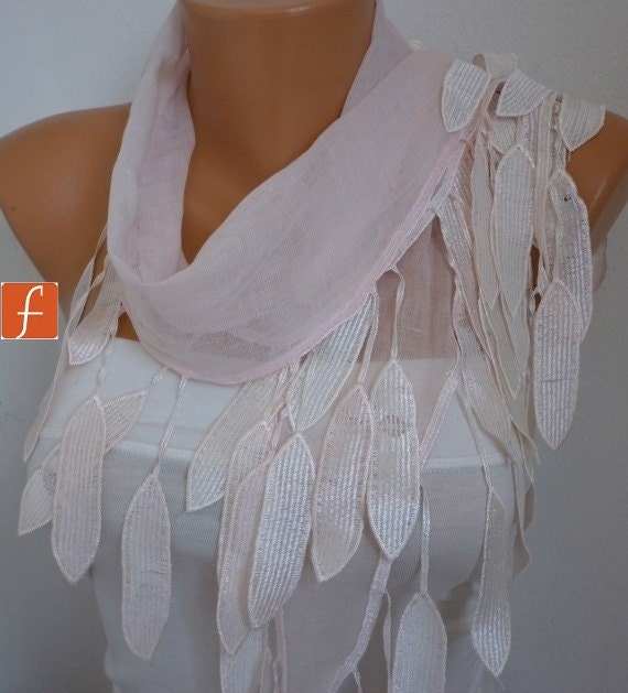 Pale Pink Scarf - Cotton Scarf - Neclace Cowl with Lace Edge Women's fashion Shawl Scarf - fatwoman