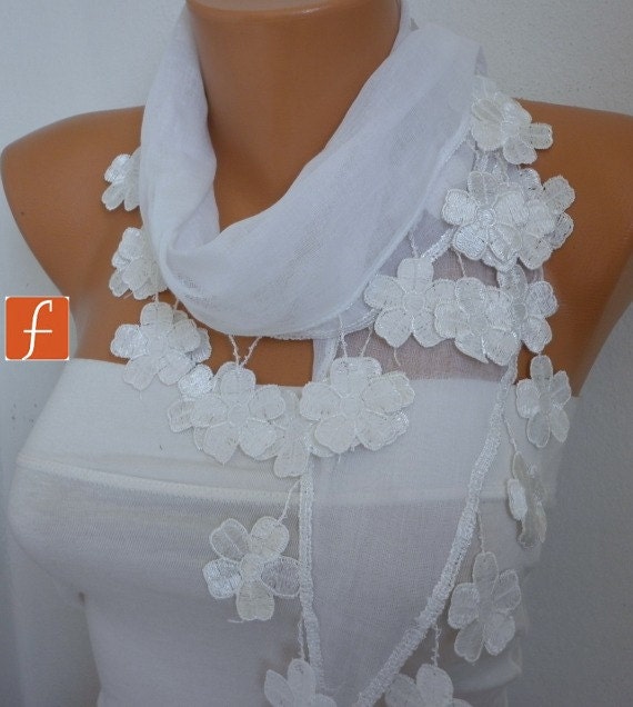 White Floral Scarf -  Cowl Scarf - Cotton Scarf - fatwoman - Bridesmaids Gifts