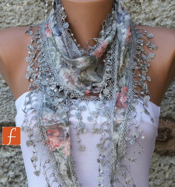 Multicolor Scarf  - Cotton  Scarf -  Cowl with Lace Edge - fatwoman