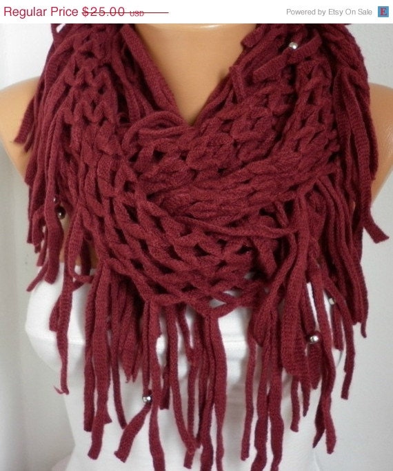 BIG SALE Burgundy Infinity Scarf Loop Scarf Circle Scarf Fabric Knitted Lace Scarf - Tube Scarf - fatwoman