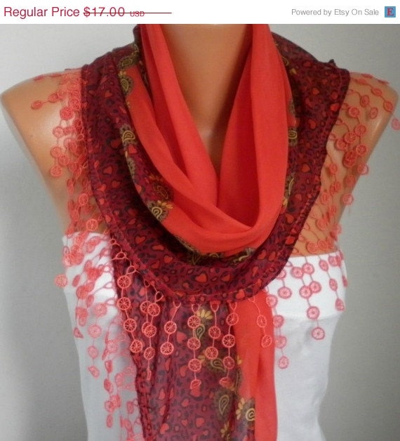 BIG SALE Scarf Shawl - Cotton Weddings Scarves - Cowl with Lace Edge  - Red