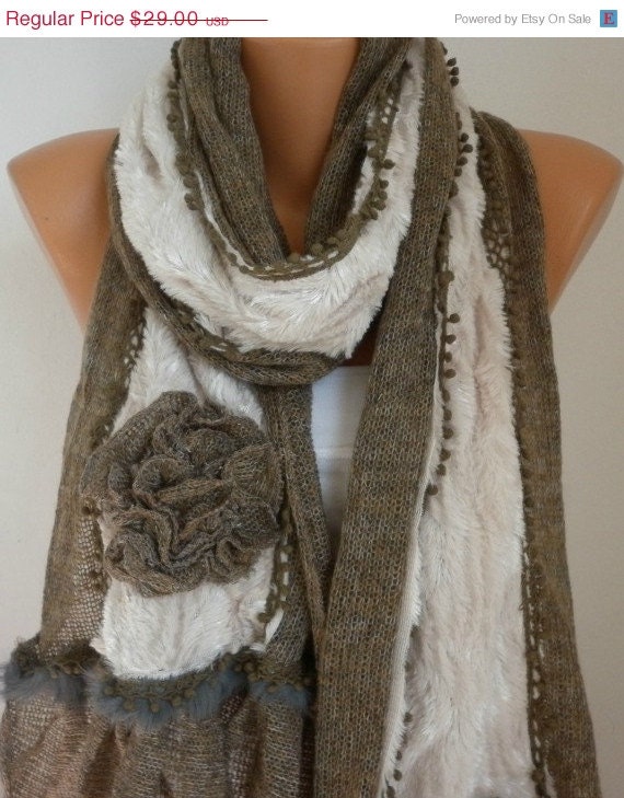 BIG SALE Fabric Knitted Pompom Scarf  -  Plush Shawl Scarf  Flower Scarf -  Cowl Scarf - Beige - fatwoman