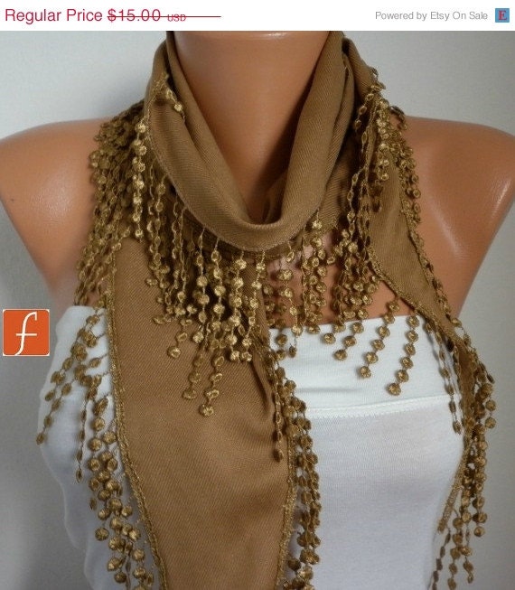 BIG SALE Dark Camel Scarf - Pashmina Scarf - Cowl Scarf - Shawl with Lace Edge