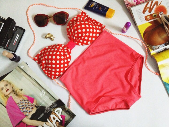 New vintage high waist bikini orange polka dot top and bottoms fashion on summer women set handmade 100%