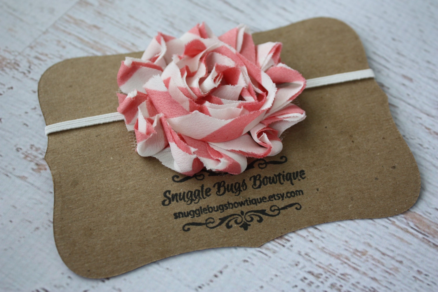 Rose Pink and White Striped Shabby Chiffon Flower Headband or Hairclip