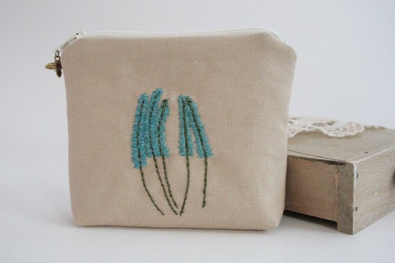 Zipper Coin Purse - Unique Floral Hand Embroidery Design - with Veronica Longifolia Flowers