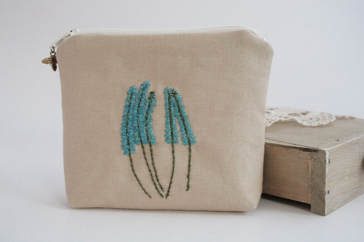 Zipper Coin Purse - Unique Floral Hand Embroidery Design - with Veronica Longifolia Flowers