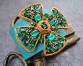 SPRING SALE Green cross Leather cuff bracelet 'Emerald Spark' turquoise, clover, vintage rhinestones, luxe bohemian, jewel tone, OOAK