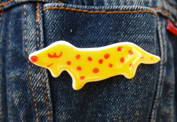 Yellow  Sausage Dog Porcelain Brooch