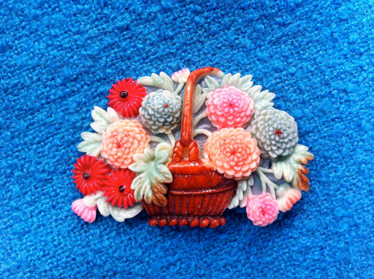 Vintage Celluloid Brooch Flower Basket Chrysanthemums Bright Colors
