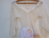 spring off white stretchy embroidered gauzy Guess scarf sleeves lace rustic romantic pearl ranch Magnolia prairie boho gypsy shabby blouse