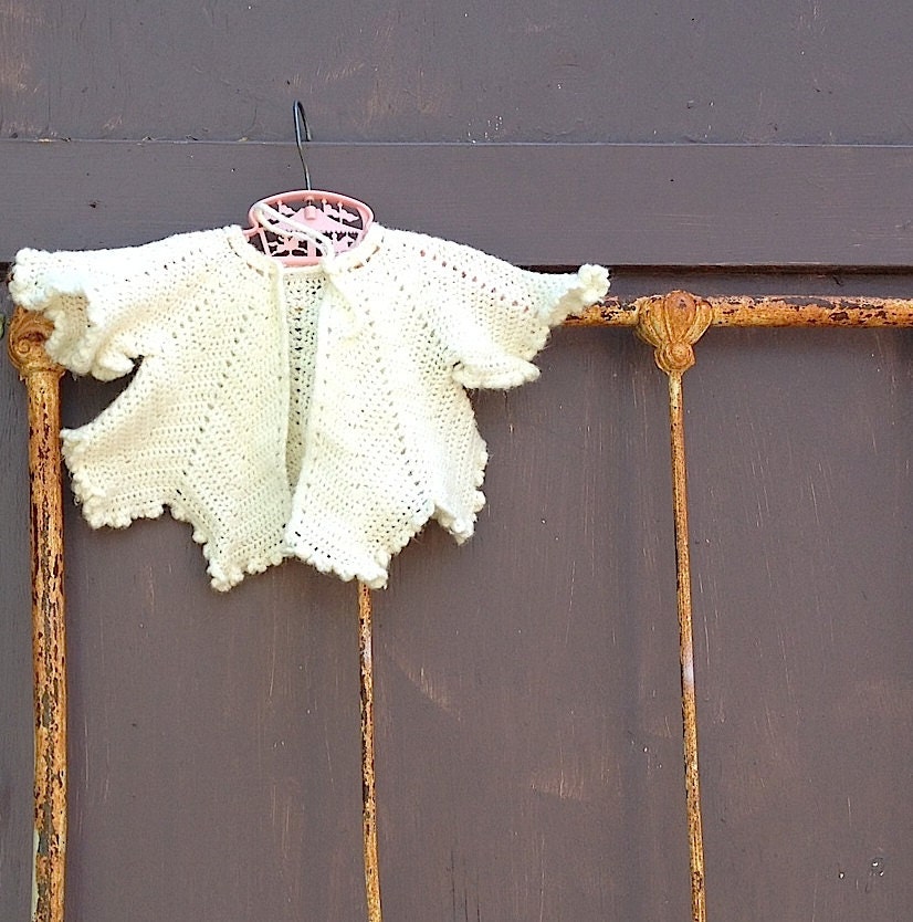 summer sweet baby vintage hand knit ooak gift ecru ruffly sweet chic shabby prairie babe sweater